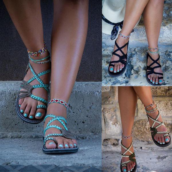 JFN  Plus Size Women Sandals Handmade Beach Flat Sandals