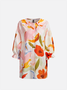 JFN Floral Painting Lantern Sleeve Shawl Collar Casual Buttoned 3/4 Sleeve Shirt