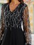 Women's Black Long Sleeve Print Sequins Winter Fall V Neck maxi formal Dress
