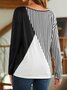 Plain color block stripe loose button top T-shirt
