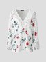 Women's Red Rose Print Floral Tops Spring Lace Cut Out Daily Long Sleeve Casual Blouse