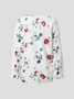 Women's Red Rose Print Floral Tops Spring Lace Cut Out Daily Long Sleeve Casual Blouse