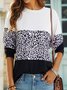Leopard Color Block Long Sleeve Casual Regular Fit T-Shirt