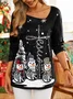 Women's Black long sleeve Tee Snowman Christmas Tree Printed T-shirts	