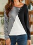 Plain color block stripe loose button top T-shirt