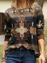 Western Ethnic Print Crew Neck Long Sleeve T-Shirt