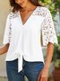 JFN V Neck Lace Casual Plain Knot Front Loose Top