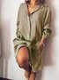 Pockets Buttoned Solid V Neck Shift Daily Cotton-Blend Weaving Dress