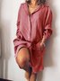 Pockets Buttoned Solid V Neck Shift Daily Cotton-Blend Weaving Dress