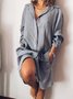 Pockets Buttoned Solid V Neck Shift Daily Cotton-Blend Weaving Dress