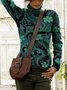 Black-Green Floral Cotton-Blend Long Sleeve Sweater