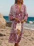 V Neck Women Summer Weaving Dress Shift Floral-Print Floral Weaving Dress