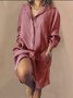 Pockets Buttoned Solid V Neck Shift Daily Cotton-Blend Weaving Dress