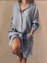 Pockets Buttoned Solid V Neck Shift Daily Cotton-Blend Weaving Dress