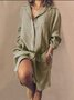 Pockets Buttoned Solid V Neck Shift Daily Cotton-Blend Weaving Dress
