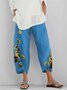Floral-Print Casual Linen Pants