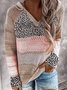 JFN Long Sleeve V Neck Cotton-Blend Leopard Sweater