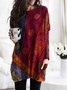 Women Long Sleeve Casual Printed Cotton-Blend Red Tunic Top