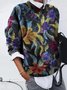 Cotton-Blend Long Sleeve Crew Neck Floral Sweatshirt