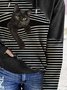 Black Cat Print Patchwork Striped Long Sleeve Hooded Sweatshirt