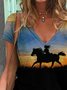 Girl And Horse Silhouette Artistic Conception Print V-Neck T-Shirt