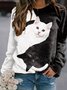 Women YinYan Cat Crew Neck Cotton-Blend Casual Sweatshirt