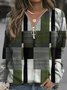 Long Sleeve Plaid V Neck Cotton-Blend Top