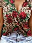 Red Rose Leopard Print Crew Neck Women's T-Shirt