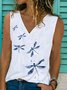 Dragonfly Printing Shift Cotton-Blend V Neck Casual Tanks & Camis