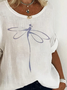 Round Neck Dragonfly Print Long-sleeved Loose Blouse