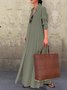 Casual and simple plain long-sleeved shirt collar cotton and linen maxi dress