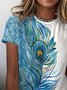 Women's Painting T shirt Color Block Feather Print Round Neck Basic Tops Blue