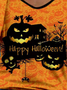 Halloween Pumpkin print loose V-Neck long sleeve T-shirt