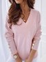 Women Fashion Solid Color Knitted Sweater Autumn Warm Solid Color V Neck Knitted Pullovers