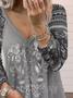 Geometric flower simple and elegant V-Neck long sleeve Knitted Top T-shirt women