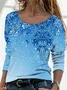 Long sleeve round neck loose Christmas geometric snowflake gradient top T-shirt women