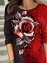 Long sleeve round neck geometric gradient plant flower rose button top t-shirt female