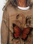 Long sleeve round neck nostalgic butterfly flower print casual loose top women's sweater