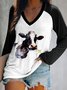 V Neck Animal Regular Fit Cow Long Sleeve T-shirt