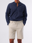 Cotton Linen Style Solid Color V-Neck Men's Slim Fit Long Sleeve Pullover One Button Shirt