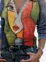 JFN Collar V Neck Painting Causal T-Shirt/Tee 