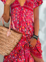 Women's Floral Short Sleeve Summer Dress V Neck Daily Casual Midi H-Line Dress