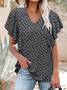JFN V-neck Summer Flouncing Sleeves Floral Pleated Casual Short-sleeve Blouse