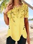 JFN Women Round Neck Short Sleeve Leaf Print Buttoned Holiday Tunic T-Shirt