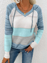 Blue-Grey Colorblock Striped Drawstring Hooded Sweater Loosen Hooded Long Sleeve Sweater