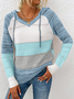 Blue-Grey Colorblock Striped Drawstring Hooded Sweater Loosen Hooded Long Sleeve Sweater