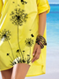 Dandelion Print Yellow Resort Dress V Neck Loosen Floral Short Sleeve Woven Dress