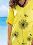 Dandelion Print Yellow Resort Dress V Neck Loosen Floral Short Sleeve Woven Dress