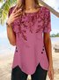 JFN Women Round Neck Short Sleeve Leaf Print Buttoned Holiday Tunic T-Shirt