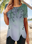 JFN Women Round Neck Short Sleeve Leaf Print Buttoned Holiday Tunic T-Shirt